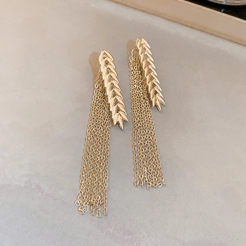 Gold Color Wheat Fringe Dangle Earrings Metal Long Stud Earrings Fashion New Jewelry For Women Girls Accessories