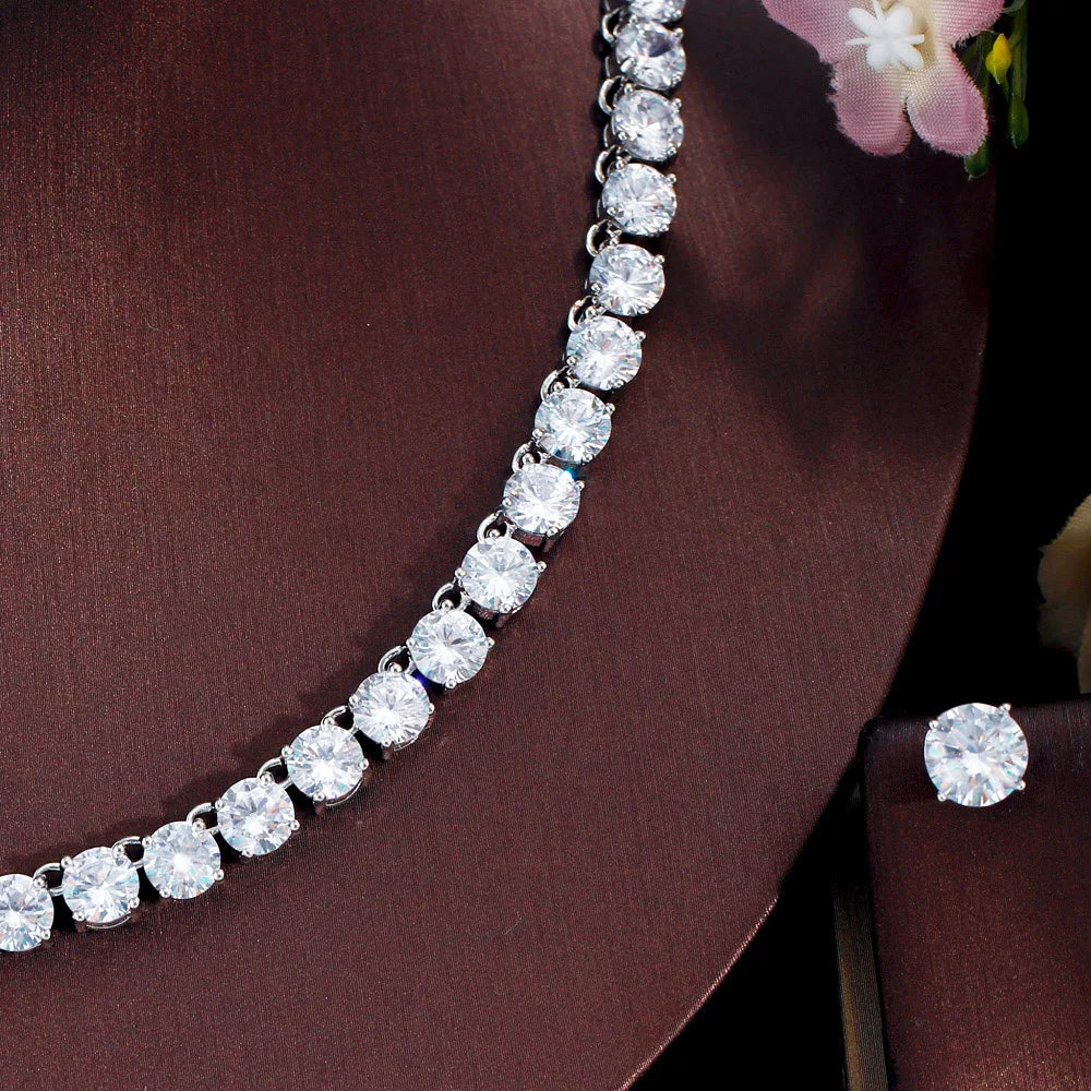 CWWZircons Stunning Big Carat Round CZ Tennis Necklace and Earrings Luxury Bridal Party Jewelry Set for Wedding Evening T061