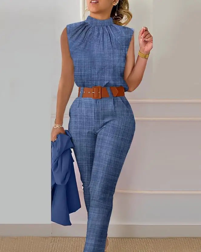 Two Piece Sets Womens Outifits 2023 Summer Fashion Denim Look Print Ruched Sleeveless Top & Casual High Waist Pocket Pants Set