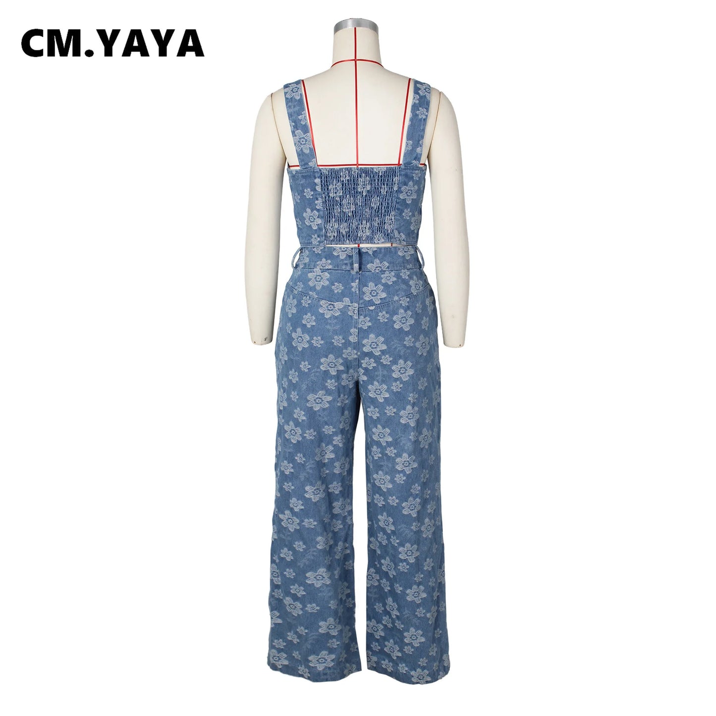 CM.YAYA Jean Jacquard Floral Women's Set Strap Wrap Crop Top and Straight Wide Leg Pants 2023 Two 2 Piece Sets Outfit Tracksuit