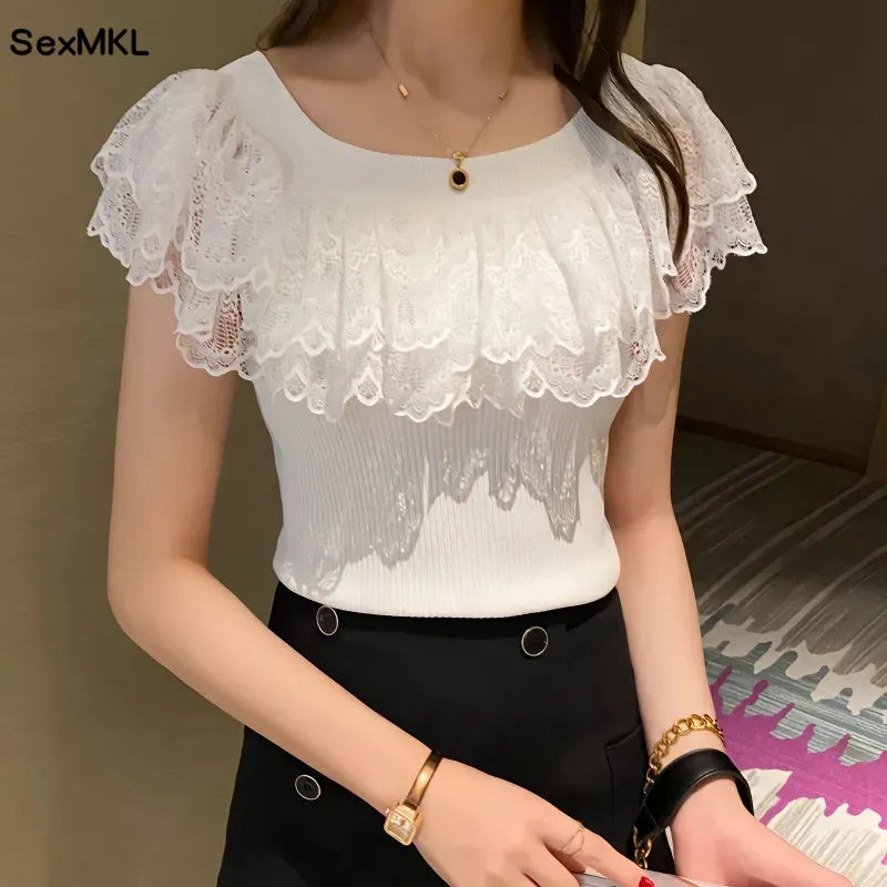 Casual Lace Knitted Tops T-shirts Women 2023 Fashion Elastic White Black Purple Top Sexy Ladies Kawaii T Shirts korean Clothes