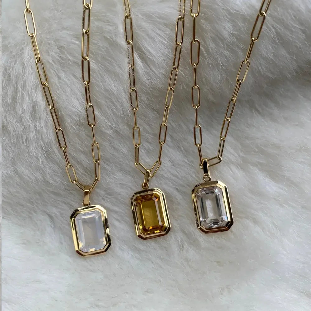 Retro Hip-hop Multicolour Geometric Square Crystal Pendant Necklace Cuba Chain for Women Girls Vintage Wedding Jewelry Wholesale