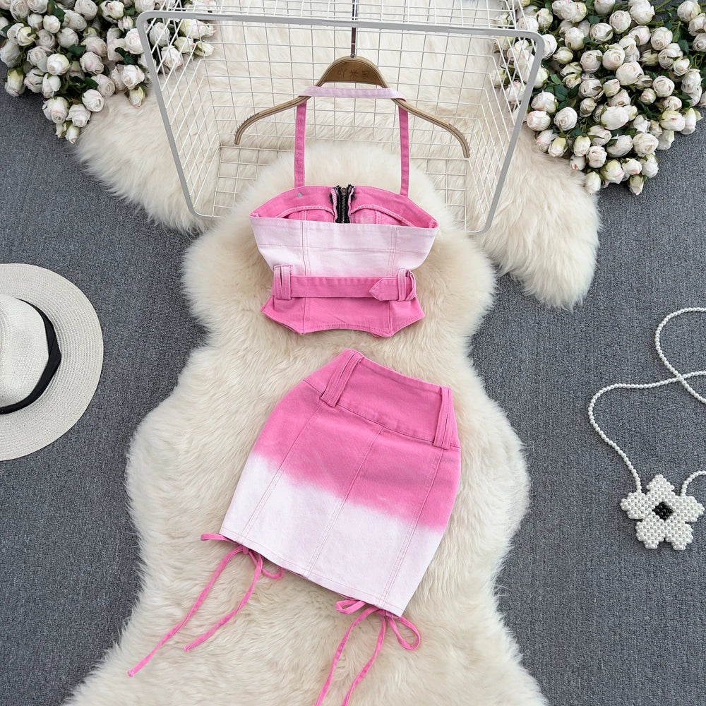 Gradient Denim Fashion Set Women Spicy Girls Sexy Hanging Neck Tank Top Two Piece High Waist A-Line Skirt