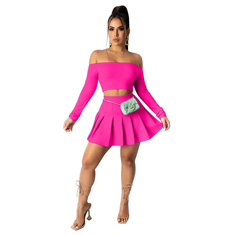 Off Shoulder Two Piece Set Women Elegant Festival Clothing Long Sleeve Crop Top Mini Pleated Skirt Set Sexy 2 Piece Outfits 2022