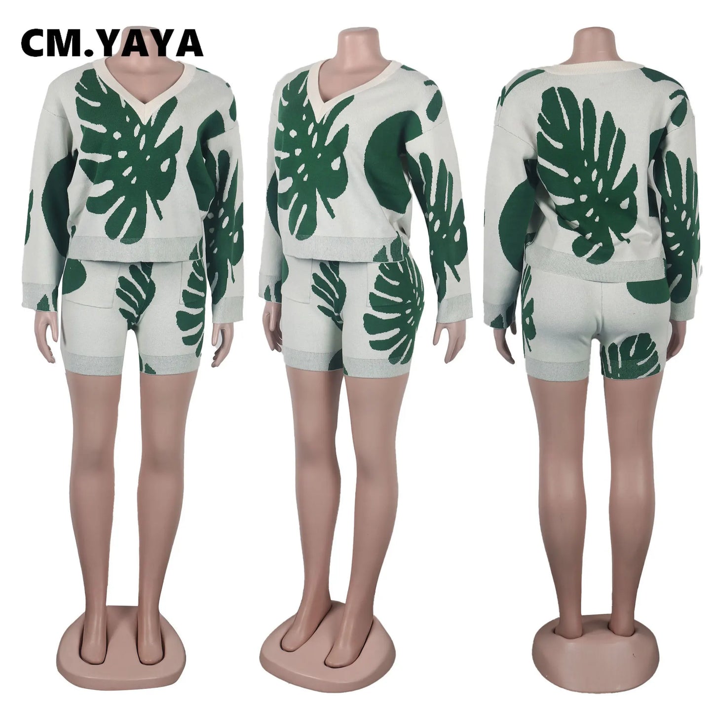 CM.YAYA Fashion Leaf Knit Ribbed Women's Set V-neck Sweater and Straight Shorts 2023 Street Two 2 Piece Sets Outfits Tracksuit