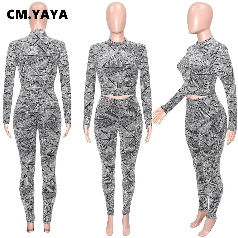 CM.YAYA Casual Geometrical Women's Set Long Sleeve T-shirt and Legging Pants Suit Sport Fashion Two 2 Piece Set Outfit Tracksuit