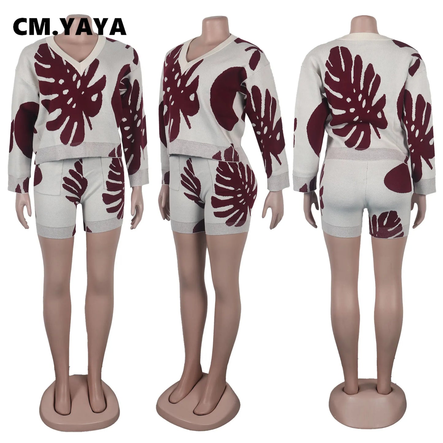 CM.YAYA Fashion Leaf Knit Ribbed Women's Set V-neck Sweater and Straight Shorts 2023 Street Two 2 Piece Sets Outfits Tracksuit