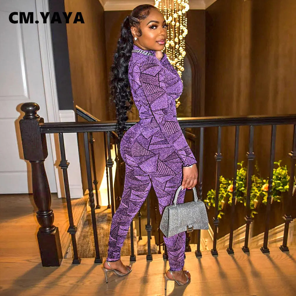 CM.YAYA Casual Geometrical Women's Set Long Sleeve T-shirt and Legging Pants Suit Sport Fashion Two 2 Piece Set Outfit Tracksuit