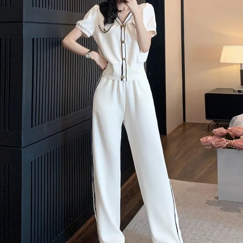 Casual Tracksuit Short Sleeved Suit Women 2023 Summer Streetwear V Neck Single Breasted Tops+Elastic Waist Trousers 2 Piece Sets