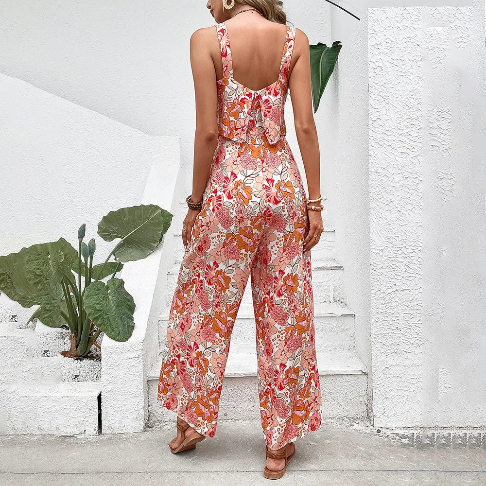 Summer Elegant Long Rompers Jumpsuit For Women Sexy Backless Wide Leg Jumpsuits Casual Sleeveless Floral Clothes Woman 2024 New