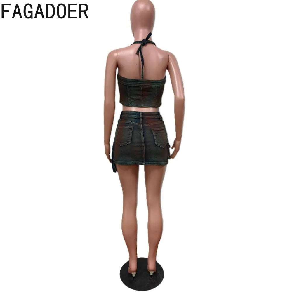 FAGADOER Fashion Tie Dyed Denim Gothic Street Style Women Off Shoulder Sleevless Backless Irregular Top And Mini Skirts 2pcs Set