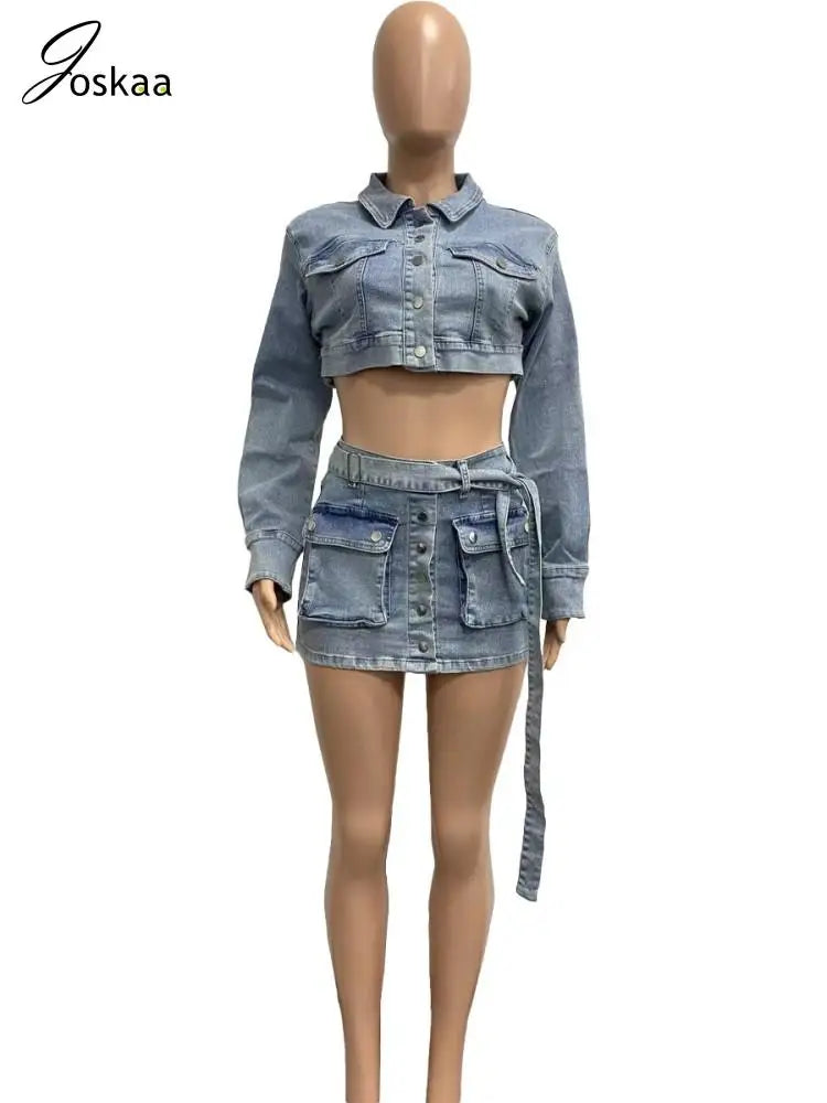 Joskaa Blue Denim Two Piece Set Women Hipster Lapel Long Sleeve Button-Up Jacket and Belt Mini Skirt Matching 2023 Streetwear