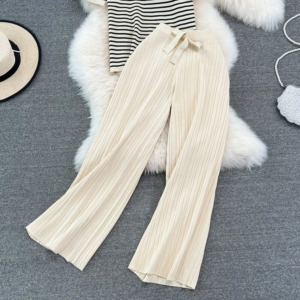 Women Tracksuit Summer Striped Knit Ppullover And Long Pants 2 Piece Sets Korean Casual Loose Outfits Knitted 2023 New Suits