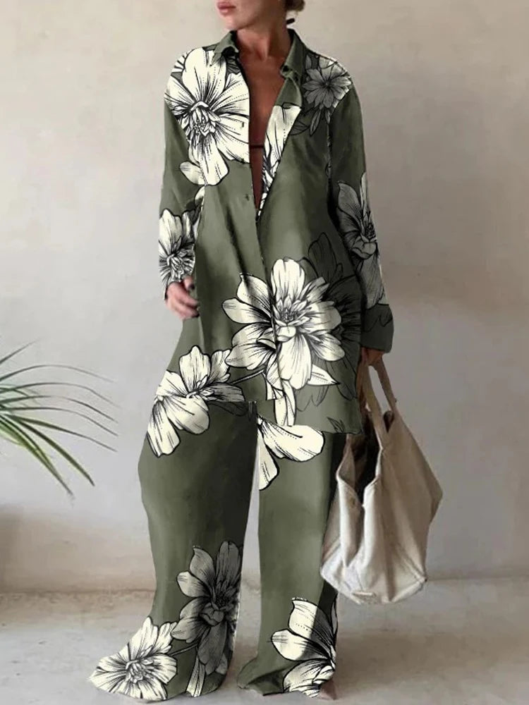 Women Casual Commuter Suit Fashion Print Loose Long Sleeve Shirt Straight Pants Two Piece Suit 2022 New Office Elegant Chic Suit