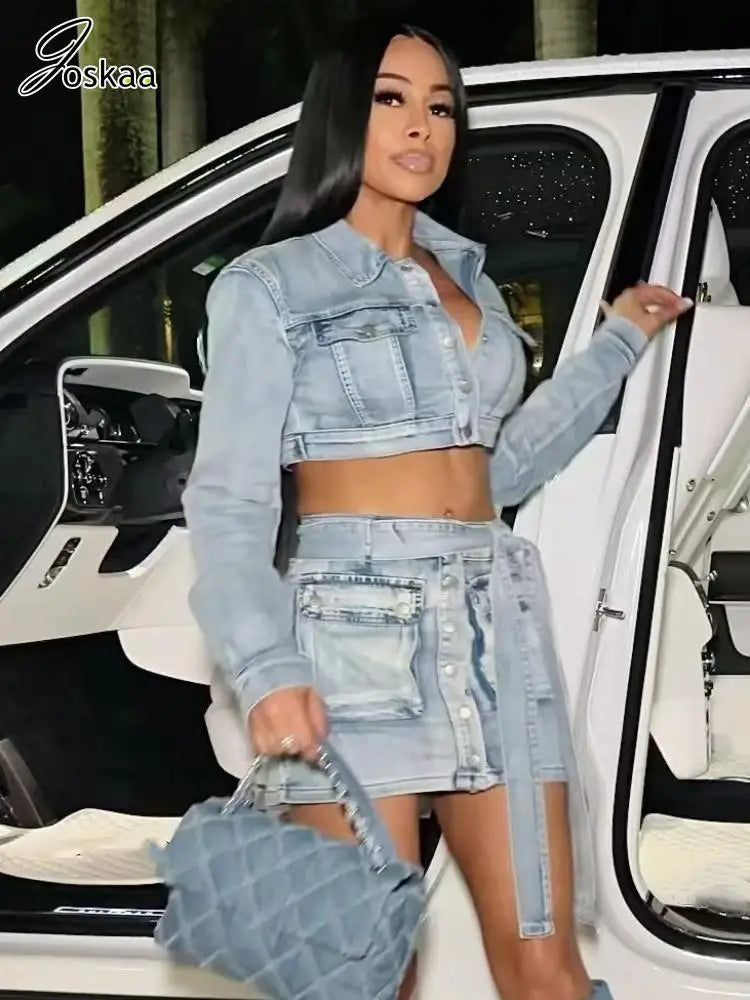 Joskaa Blue Denim Two Piece Set Women Hipster Lapel Long Sleeve Button-Up Jacket and Belt Mini Skirt Matching 2023 Streetwear