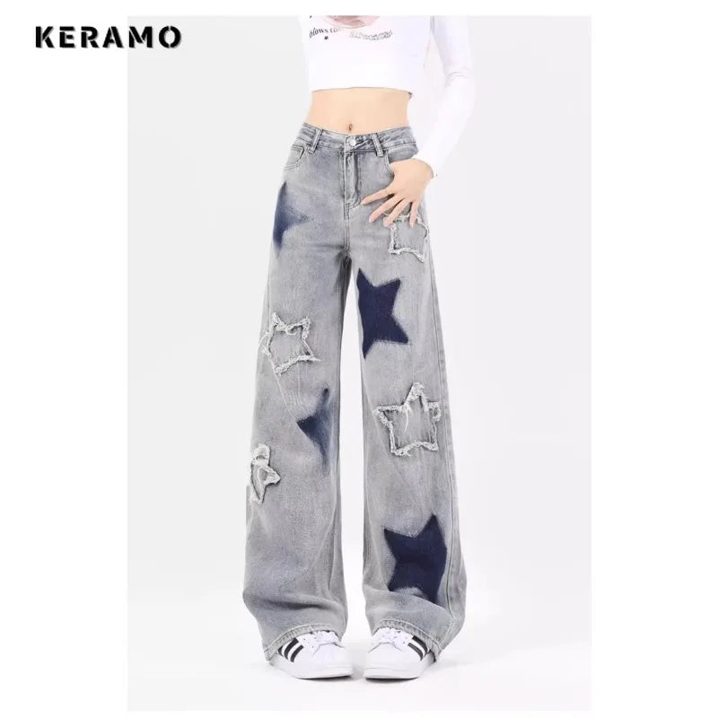 Fashion Women's Vintage Casual High Waist High Street Straight Jeans Stars Print Pants Korean Wide Leg Baggy Y2K Denim Trouser