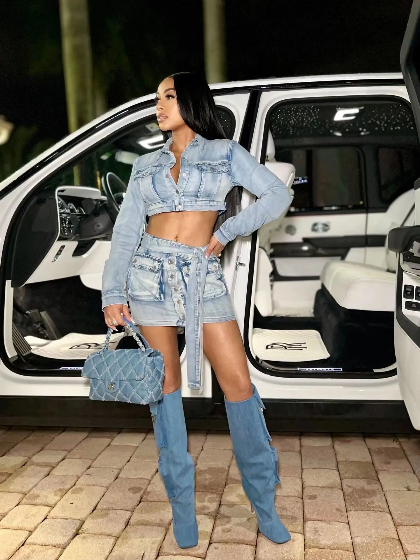 Jeans Club Skirt Outfit Sexy Women Elegant Two Pieces Denim Matching Set Top+Mini Skirt