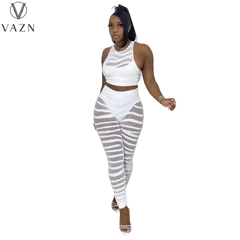 VAZN 2021 New Design Street Style Sexy Sleeveless Hole Out 2 Piece Set Solid Bandage Women Top And Pant Summer