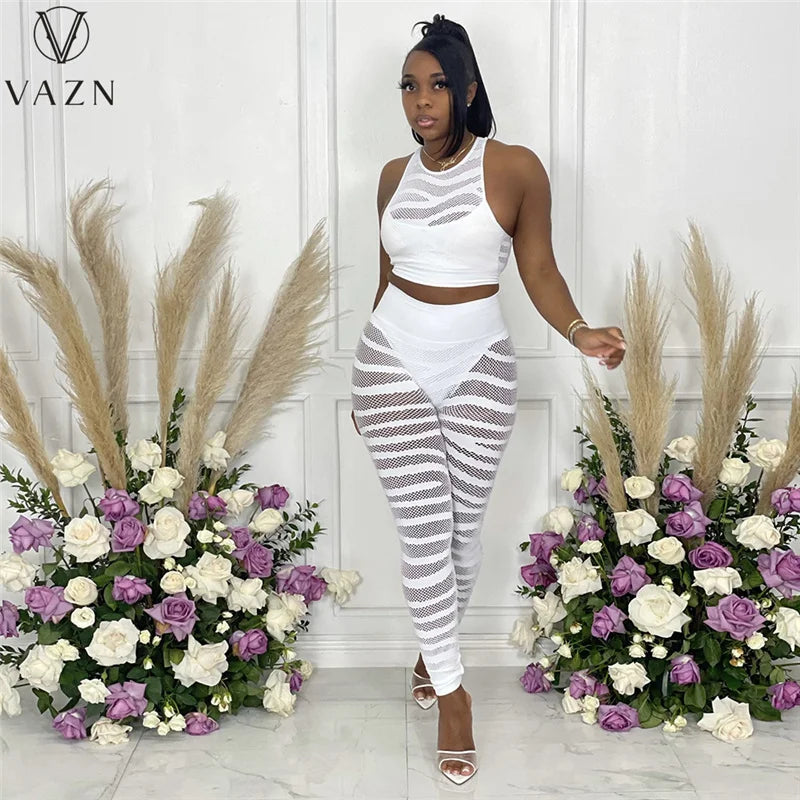 VAZN 2021 New Design Street Style Sexy Sleeveless Hole Out 2 Piece Set Solid Bandage Women Top And Pant Summer