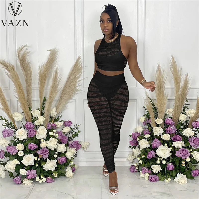 VAZN 2021 New Design Street Style Sexy Sleeveless Hole Out 2 Piece Set Solid Bandage Women Top And Pant Summer