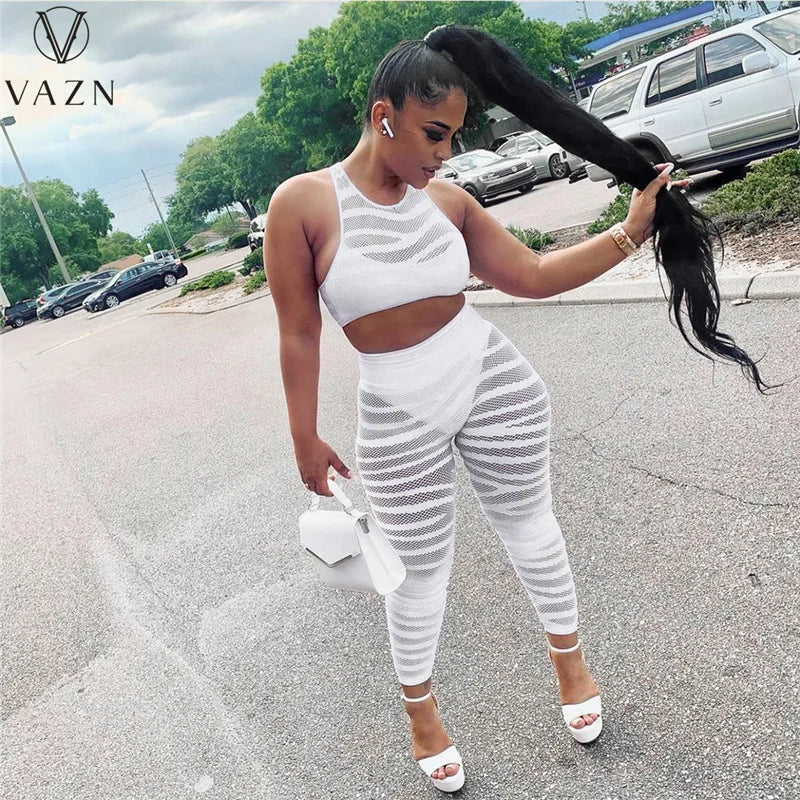 VAZN 2021 New Design Street Style Sexy Sleeveless Hole Out 2 Piece Set Solid Bandage Women Top And Pant Summer