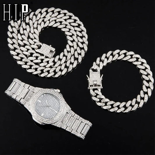 Necklace +Watch+Bracelet Hip Hop Miami Curb Cuban Chain Silver Color Full Iced Out Paved Rhinestones CZ Bling For Men Jewelry