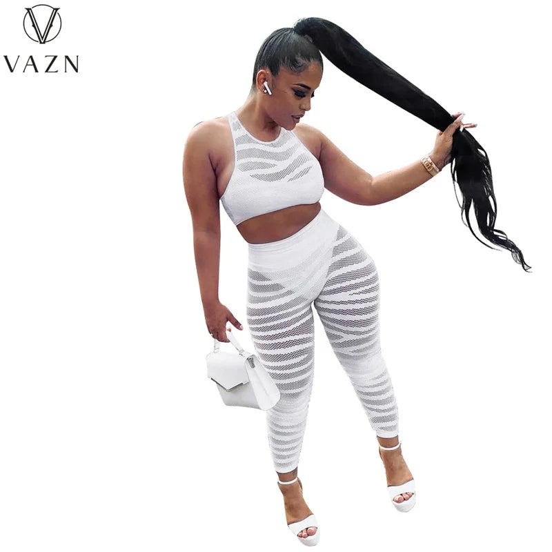 VAZN 2021 New Design Street Style Sexy Sleeveless Hole Out 2 Piece Set Solid Bandage Women Top And Pant Summer